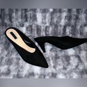 Black faux suede mules
